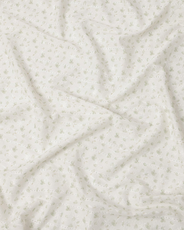 White and Light Green Leaf Embroidered Cotton Viscose Fabric, 140 Cms Width, Made in China-D26239