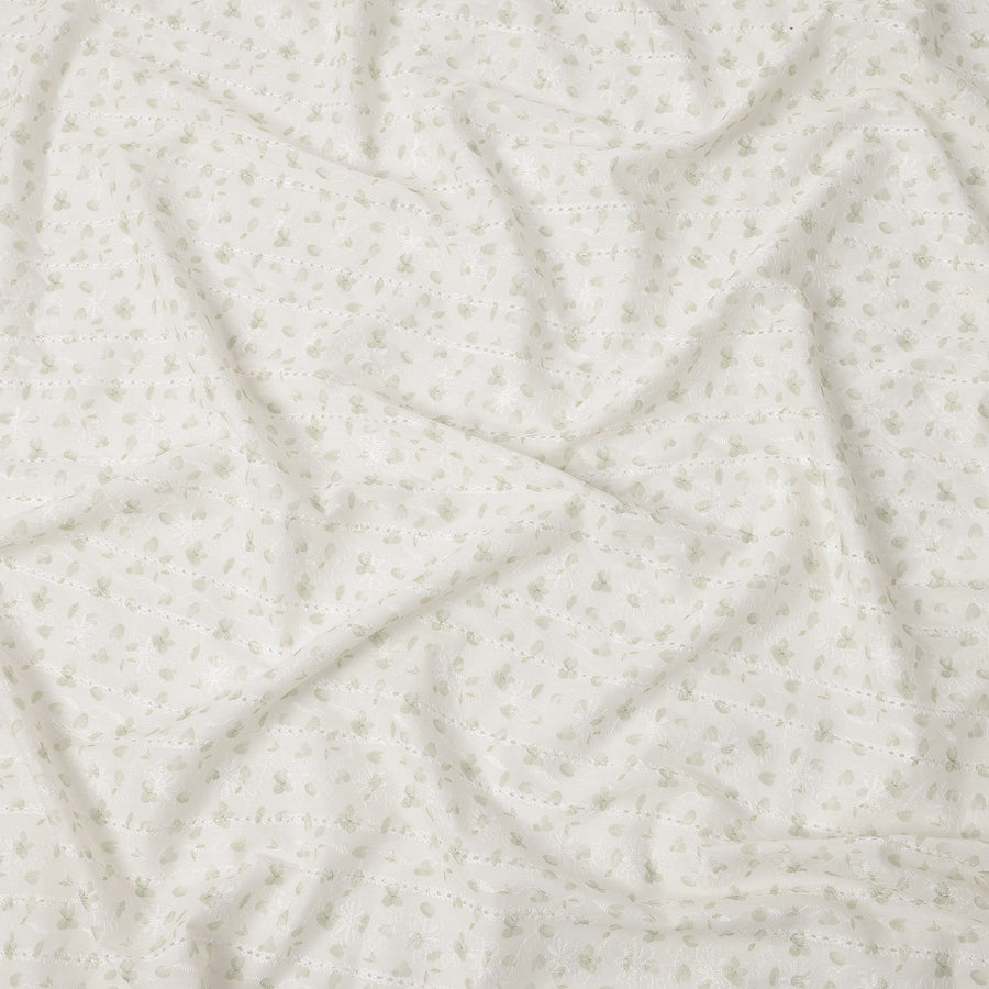 White and Light Green Leaf Embroidered Cotton Viscose Fabric, 140 Cms Width, Made in China-D26239