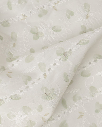 Off White Light Green Floral Embroidered Cotton Voile Fabric Soft Sheer Lightweight Design 150 Cms Width Made in India-D27450