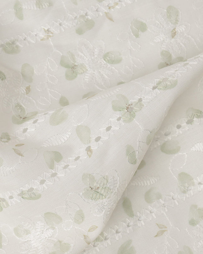 White and Light Green Leaf Embroidered Cotton Viscose Fabric, 140 Cms Width, Made in China-D26239