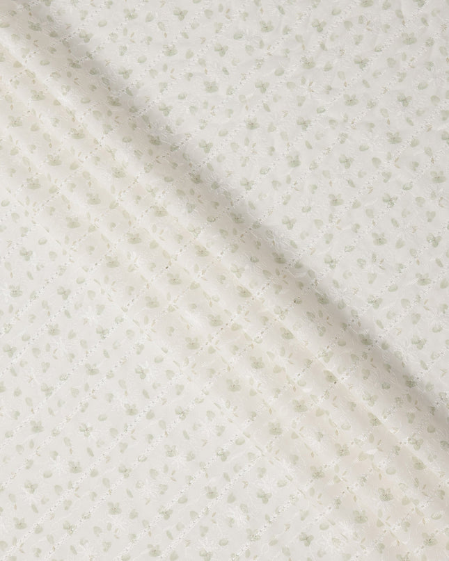 White and Light Green Leaf Embroidered Cotton Viscose Fabric, 140 Cms Width, Made in China-D26239