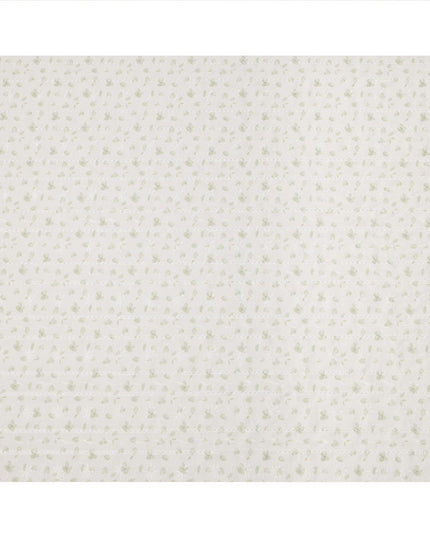 Off White Light Green Floral Embroidered Cotton Voile Fabric Soft Sheer Lightweight Design 150 Cms Width Made in India-D27450