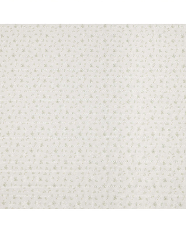 Off White Light Green Floral Embroidered Cotton Voile Fabric Soft Sheer Lightweight Design 150 Cms Width Made in India-D27450