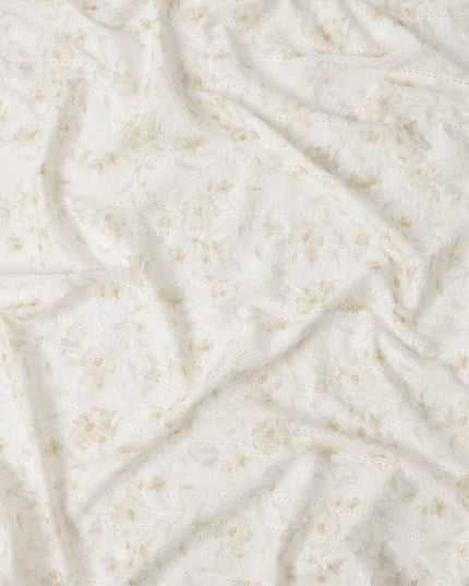 Off White Beige Floral Embroidered Cotton Voile Fabric Soft Sheer Lightweight Design 150 Cms Width Made in India-D27448