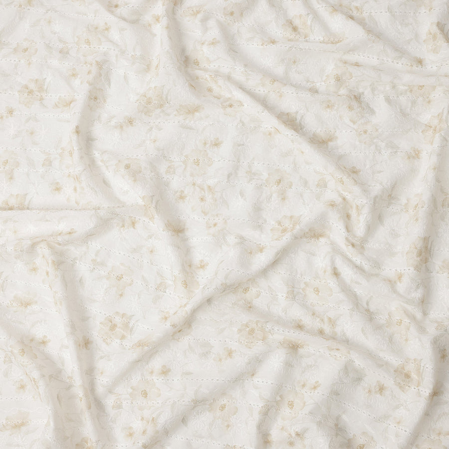 Ivory and Beige Floral Embroidered Cotton Viscose Fabric, 140 Cms Width, Made in China-D26228