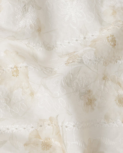 Off White Beige Floral Embroidered Cotton Voile Fabric Soft Sheer Lightweight Design 150 Cms Width Made in India-D27448