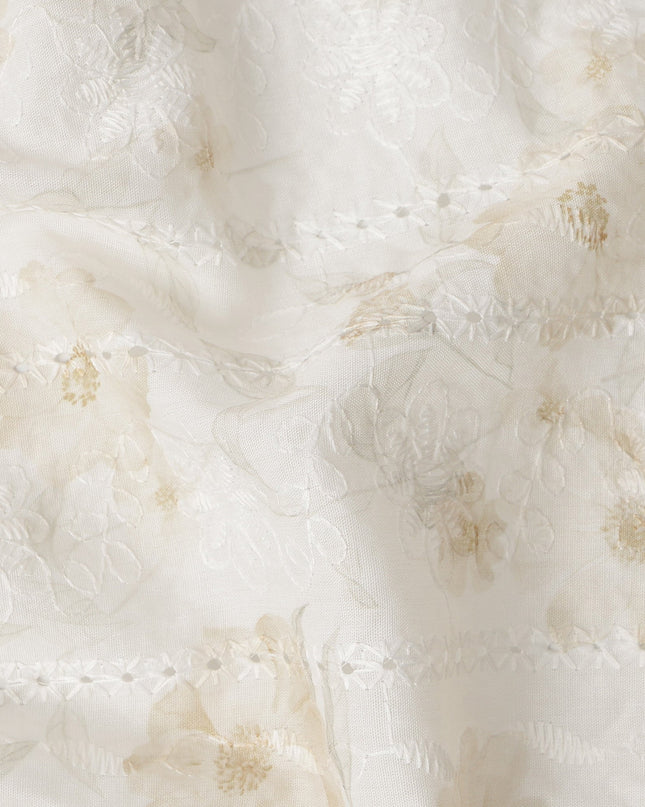 Off White Beige Floral Embroidered Cotton Voile Fabric Soft Sheer Lightweight Design 150 Cms Width Made in India-D27448