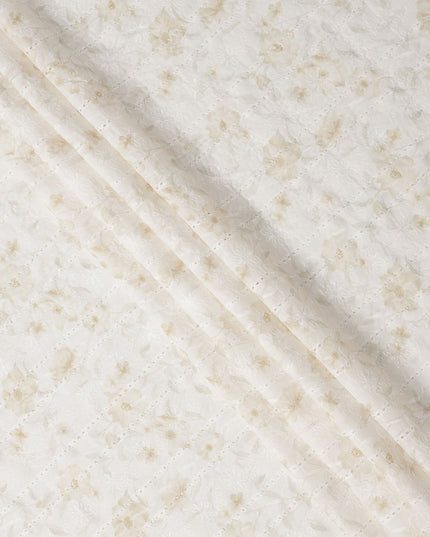 Ivory and Beige Floral Embroidered Cotton Viscose Fabric, 140 Cms Width, Made in China-D26228