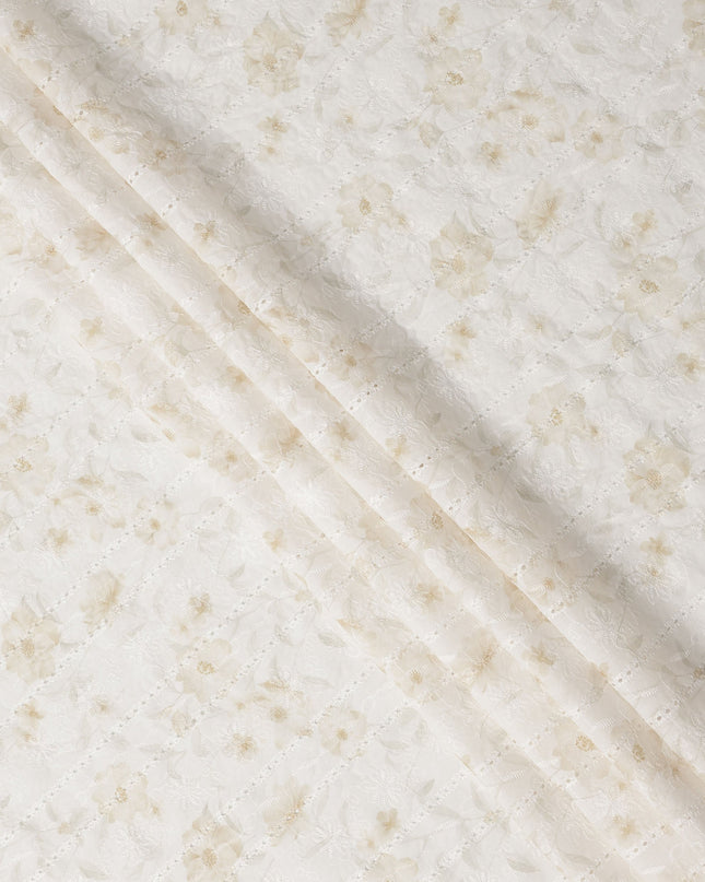 Off White Beige Floral Embroidered Cotton Voile Fabric Soft Sheer Lightweight Design 150 Cms Width Made in India-D27448