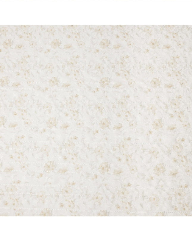 Ivory and Beige Floral Embroidered Cotton Viscose Fabric, 140 Cms Width, Made in China-D26228