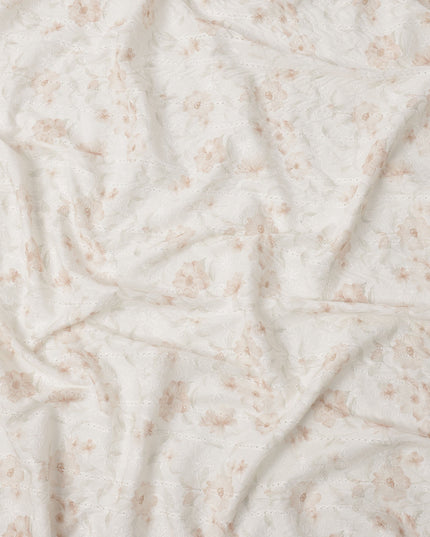 White and Beige Floral Embroidered Cotton Viscose Fabric, 140 Cms Width, Made in China-D26235