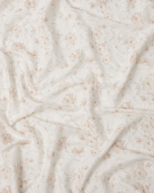 White and Beige Floral Embroidered Cotton Viscose Fabric, 140 Cms Width, Made in China-D26235