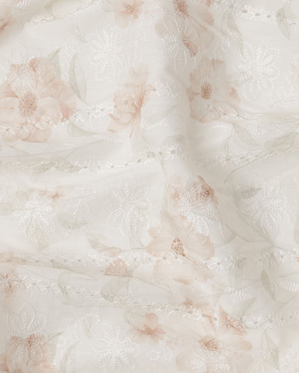 Off White Peach Floral Embroidered Cotton Voile Fabric Soft Sheer Lightweight Design 150 Cms Width Made in India-D27449