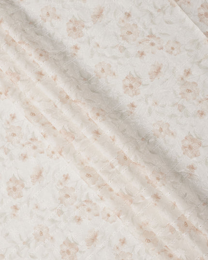 White and Beige Floral Embroidered Cotton Viscose Fabric, 140 Cms Width, Made in China-D26235