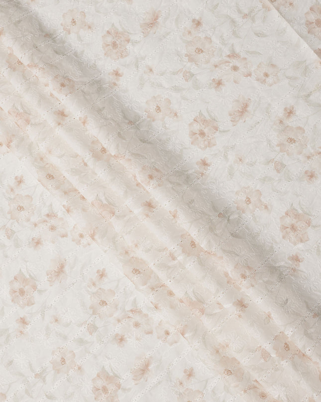 Off White Peach Floral Embroidered Cotton Voile Fabric Soft Sheer Lightweight Design 150 Cms Width Made in India-D27449