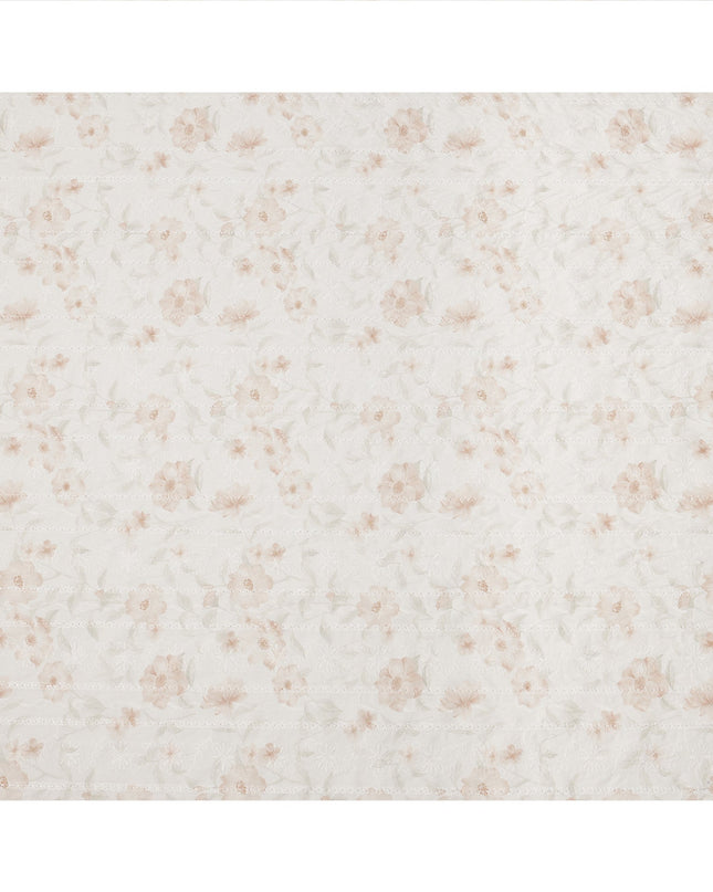 White and Beige Floral Embroidered Cotton Viscose Fabric, 140 Cms Width, Made in China-D26235