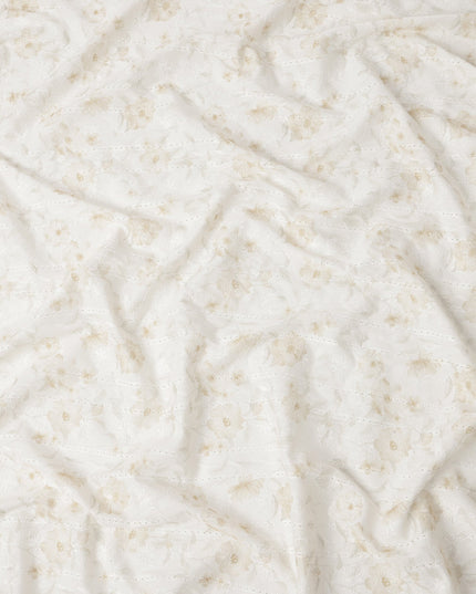 White and Beige Floral Embroidered Cotton Viscose Fabric, 140 Cms Width, Made in China-D26230