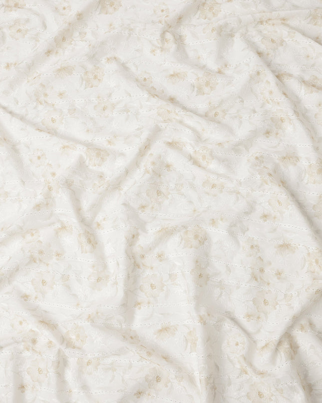 White and Beige Floral Embroidered Cotton Viscose Fabric, 140 Cms Width, Made in China-D26230