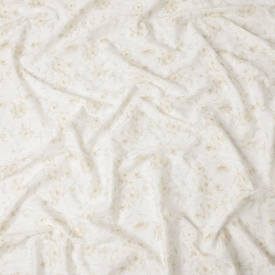 White and Beige Floral Embroidered Cotton Viscose Fabric, 140 Cms Width, Made in China-D26230