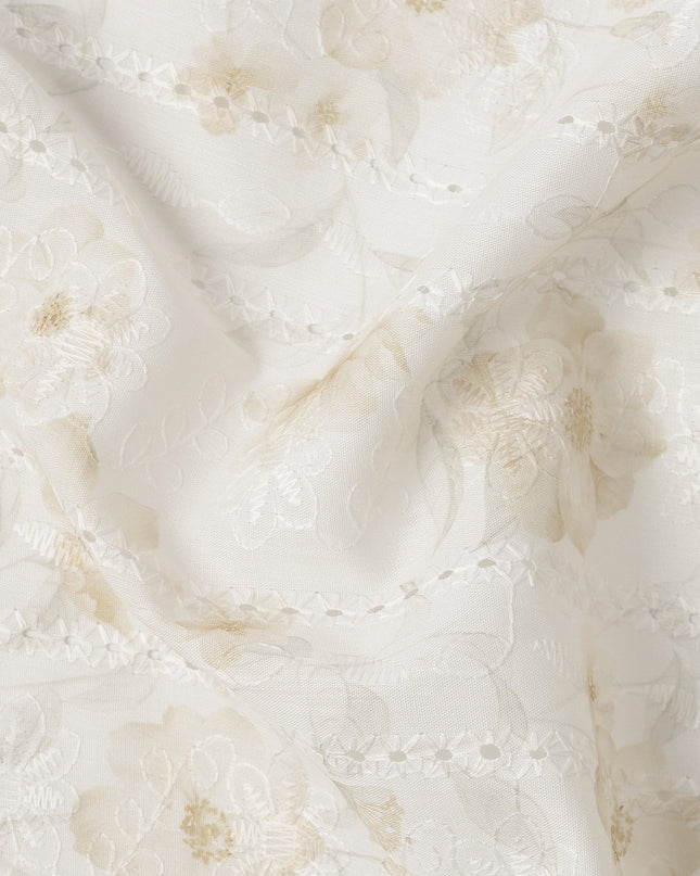 White and Beige Floral Embroidered Cotton Viscose Fabric, 140 Cms Width, Made in China-D26230