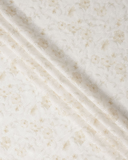 White and Beige Floral Embroidered Cotton Viscose Fabric, 140 Cms Width, Made in China-D26230