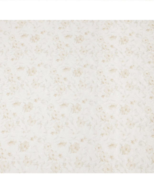 White and Beige Floral Embroidered Cotton Viscose Fabric, 140 Cms Width, Made in China-D26230