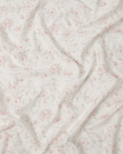 Off White Blush Pink Floral Embroidered Cotton Voile Fabric Soft Sheer Lightweight Design 150 Cms Width Made in India-D27445