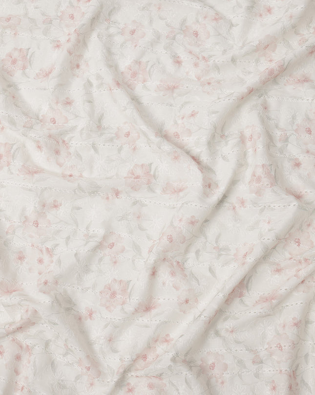 White and Blush Pink Floral Embroidered Cotton Viscose Fabric, 140 Cms Width, Made in China-D26234