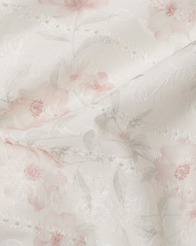 Off White Blush Pink Floral Embroidered Cotton Voile Fabric Soft Sheer Lightweight Design 150 Cms Width Made in India-D27445