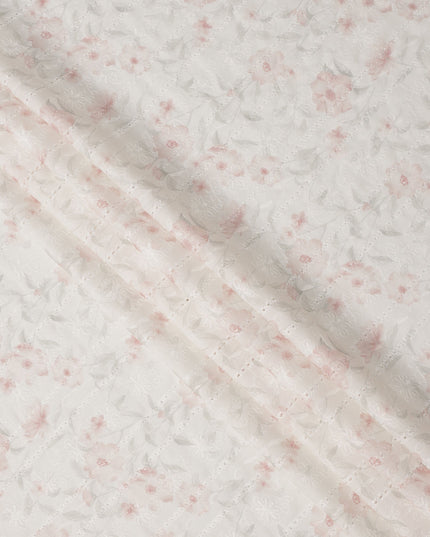 Off White Blush Pink Floral Embroidered Cotton Voile Fabric Soft Sheer Lightweight Design 150 Cms Width Made in India-D27445