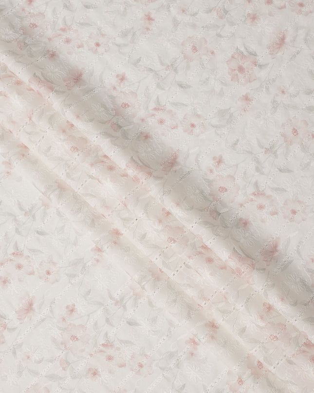 Off White Blush Pink Floral Embroidered Cotton Voile Fabric Soft Sheer Lightweight Design 150 Cms Width Made in India-D27445
