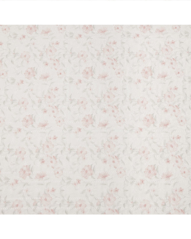 White and Blush Pink Floral Embroidered Cotton Viscose Fabric, 140 Cms Width, Made in China-D26234