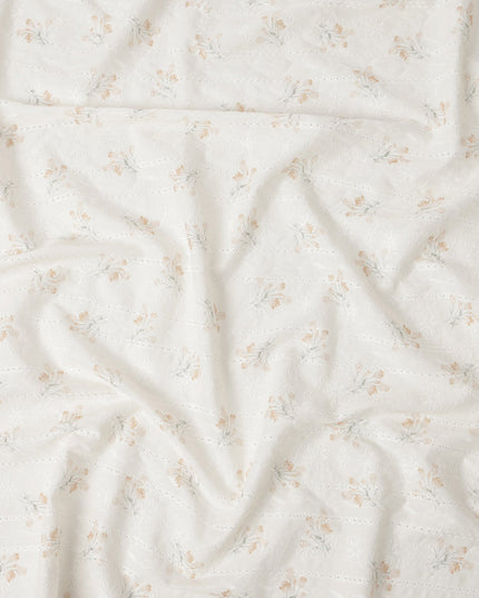 Off White and Beige Floral Embroidered Cotton Viscose Fabric, 140 Cms Width, Made in China-D26226