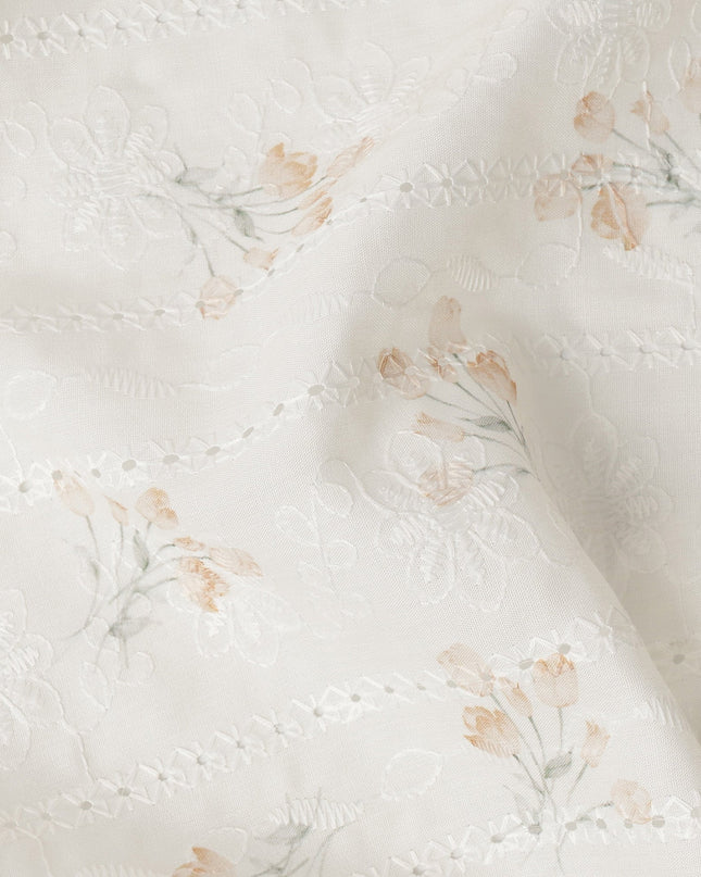 Off White and Beige Floral Embroidered Cotton Viscose Fabric, 140 Cms Width, Made in China-D26226