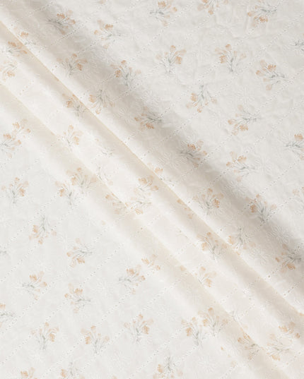 Off White and Beige Floral Embroidered Cotton Viscose Fabric, 140 Cms Width, Made in China-D26226