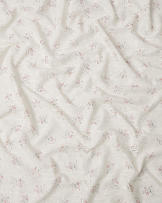 Off White Blush Pink Floral Embroidered Cotton Voile Fabric Soft Sheer Lightweight Design 150 Cms Width Made in India-D27453