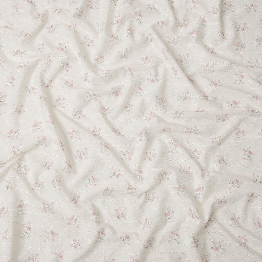 Off White Blush Pink Floral Embroidered Cotton Voile Fabric Soft Sheer Lightweight Design 150 Cms Width Made in India-D27453