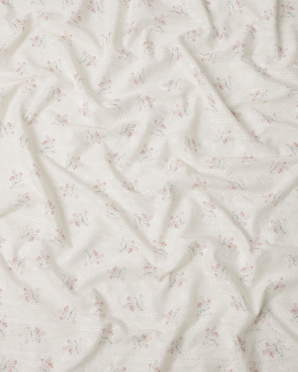 White and Pink Floral Embroidered Cotton Viscose Fabric, 140 Cms Width, Made in China-D26232