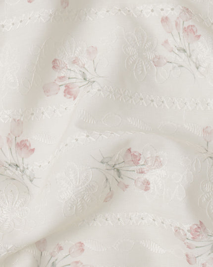 Off White Blush Pink Floral Embroidered Cotton Voile Fabric Soft Sheer Lightweight Design 150 Cms Width Made in India-D27453