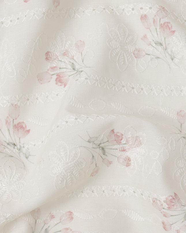 White and Pink Floral Embroidered Cotton Viscose Fabric, 140 Cms Width, Made in China-D26232