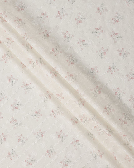 Off White Blush Pink Floral Embroidered Cotton Voile Fabric Soft Sheer Lightweight Design 150 Cms Width Made in India-D27453