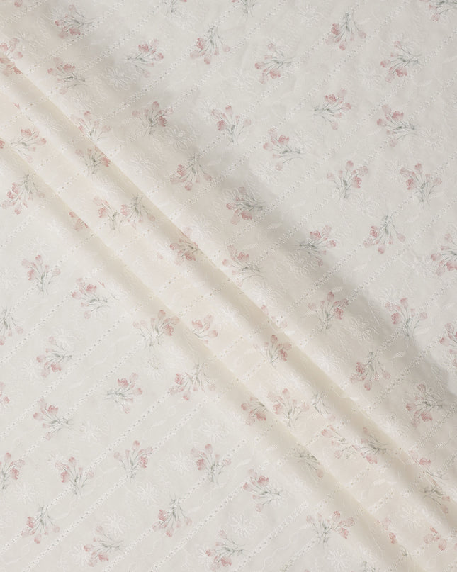 Off White Blush Pink Floral Embroidered Cotton Voile Fabric Soft Sheer Lightweight Design 150 Cms Width Made in India-D27453