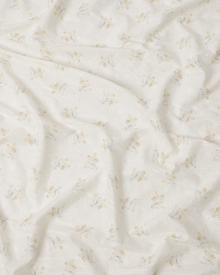 White and Mustard Floral Embroidered Cotton Viscose Fabric, 140 Cms Width, Made in China-D26238