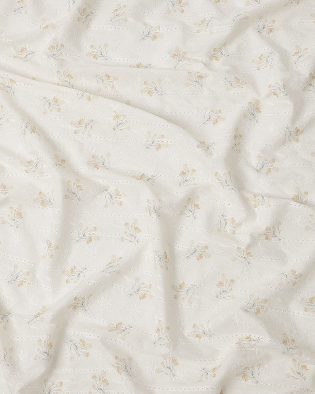 White and Mustard Floral Embroidered Cotton Viscose Fabric, 140 Cms Width, Made in China-D26238