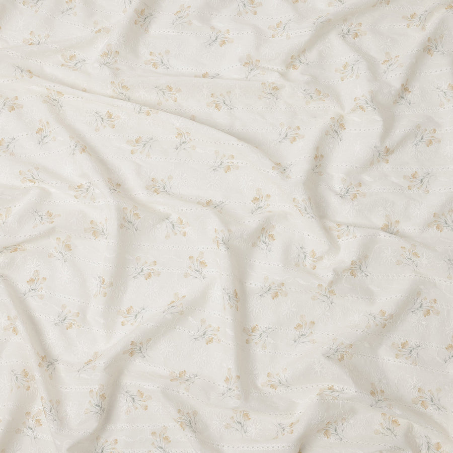 White and Mustard Floral Embroidered Cotton Viscose Fabric, 140 Cms Width, Made in China-D26238