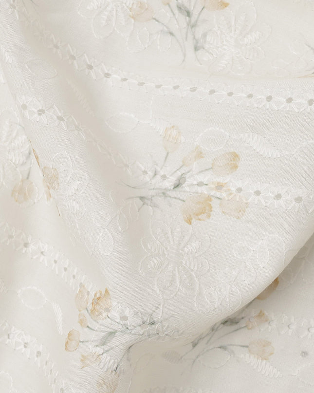White and Mustard Floral Embroidered Cotton Viscose Fabric, 140 Cms Width, Made in China-D26238