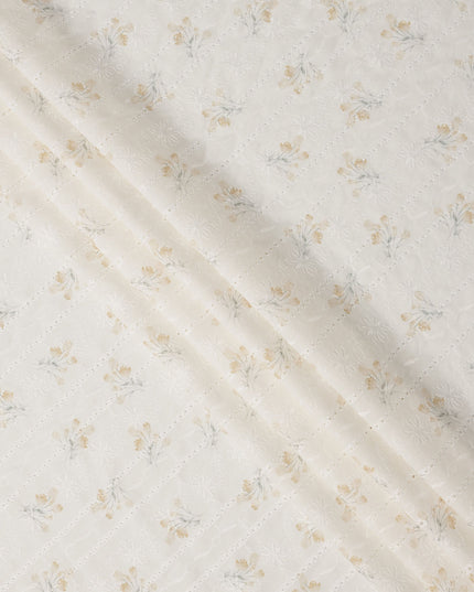 White and Mustard Floral Embroidered Cotton Viscose Fabric, 140 Cms Width, Made in China-D26238