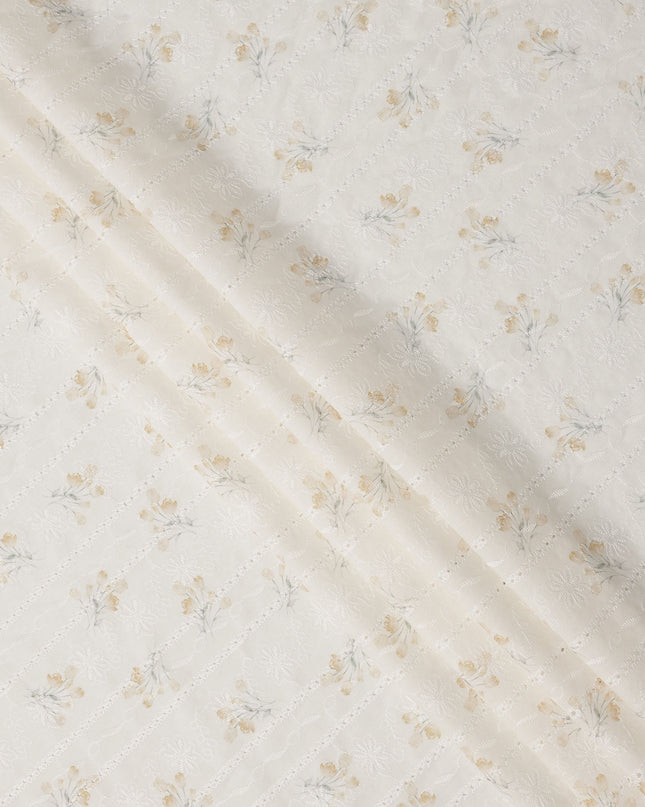 White and Mustard Floral Embroidered Cotton Viscose Fabric, 140 Cms Width, Made in China-D26238