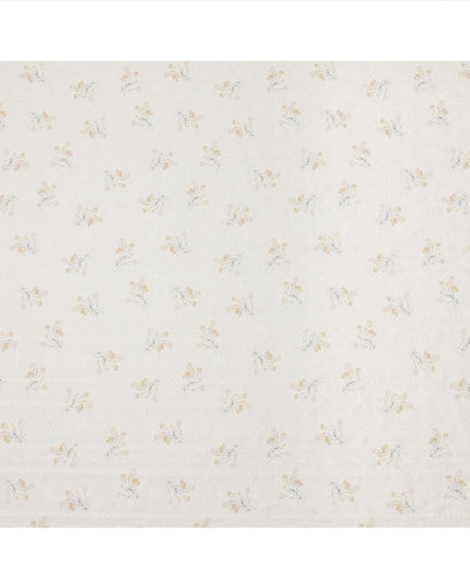 White and Mustard Floral Embroidered Cotton Viscose Fabric, 140 Cms Width, Made in China-D26238