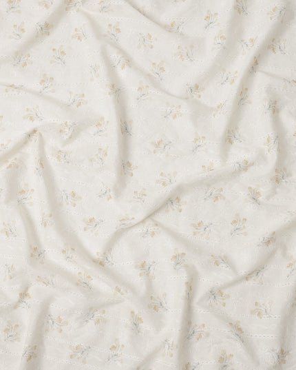 White and Yellow Floral Embroidered Cotton Viscose Fabric, 140 Cms Width, Made in China-D26233